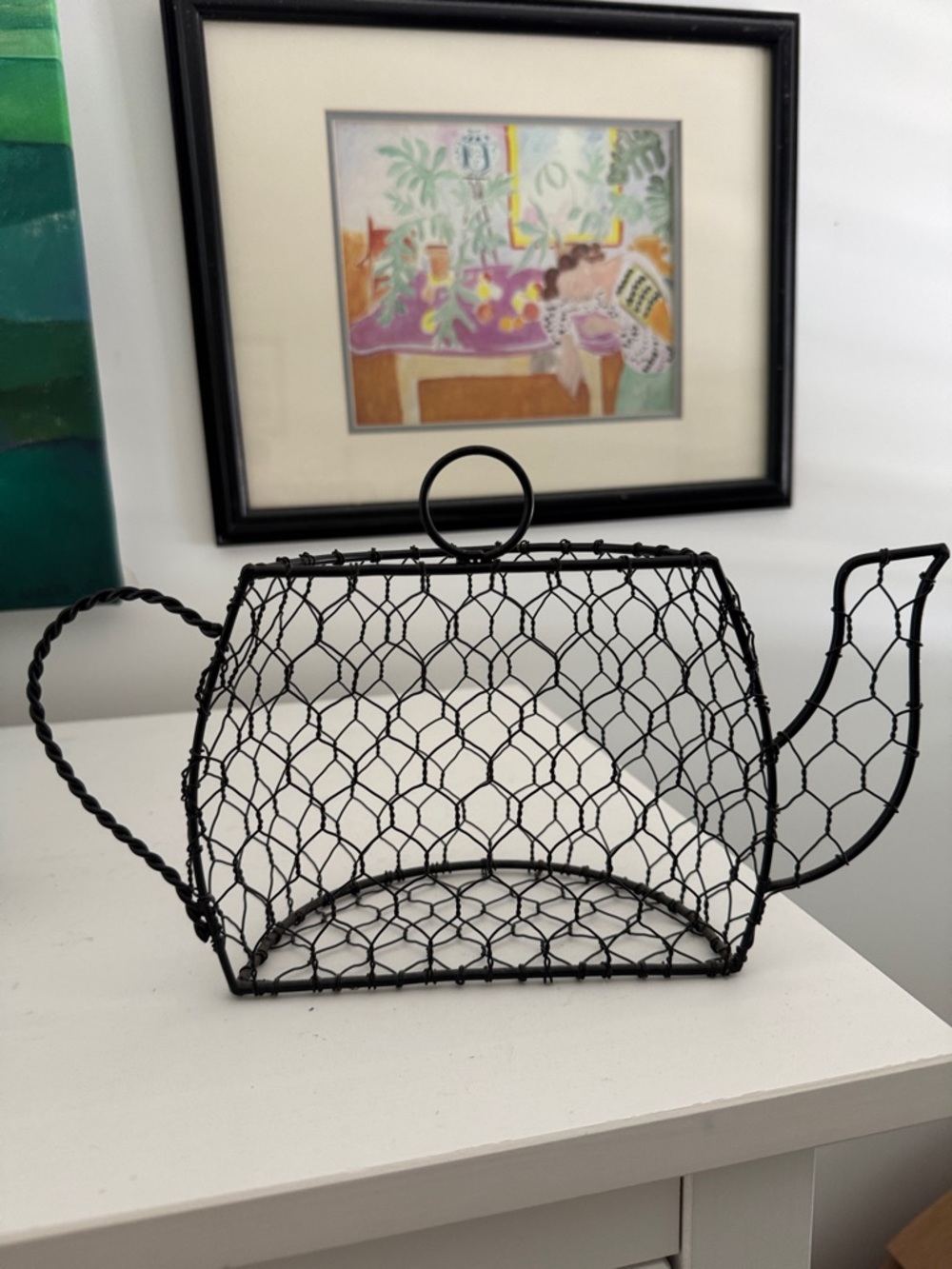 Black Chicken Wire Teapot Shape Wall or Tabletop Basket Farmhouse Cottagecore - Picture 3 of 4